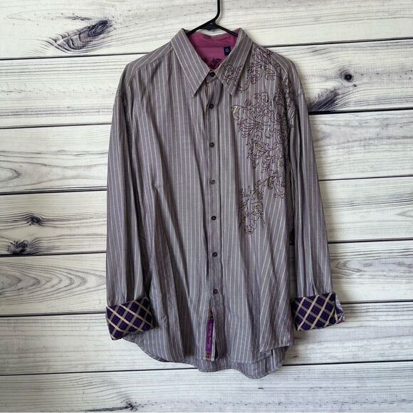Robert Graham Dusty Purple Striped Embroidered Button Down Shirt - Picture 1 of 8